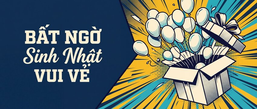 Birthday surprise gift box balloons pop art banner background with Vietnamese text comic vintage style celebration horizontal layout header greeting card graphic bat ngo sinh nhat vui ve template