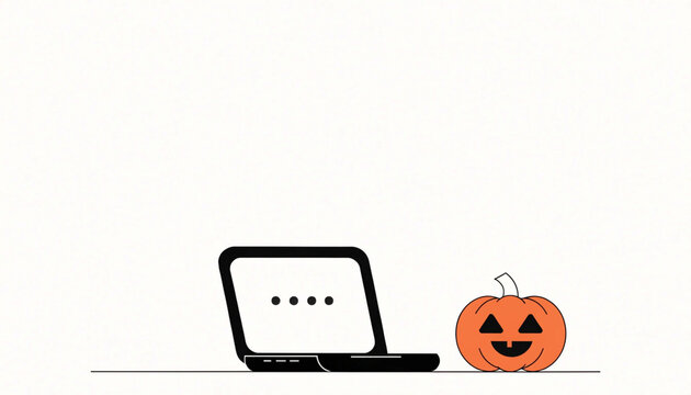 Minimal office desk with sleek laptop and small pumpkin jack o lantern