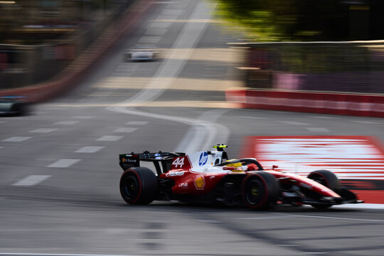 BAKU, AZERBAIJAN - SEPTEMBER 2026: Lewis Hamilton drives the Scuderia Ferrari F1 car at high speed along Baku City Circuit during Formula 1 Azerbaijan GP 2026