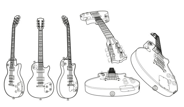 Electric Guitar Line Drawing Set Showing Multiple Angles and Details of Solidbody Instruments