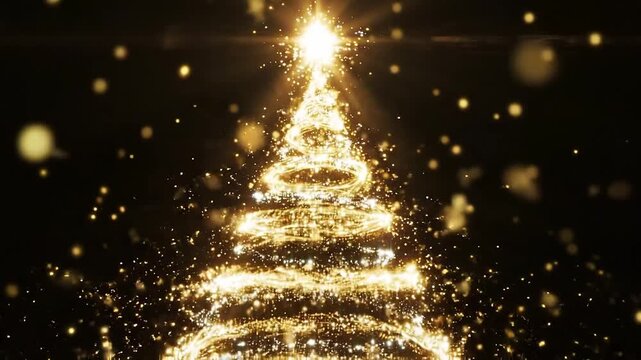 A golden Christmas tree forms from swirling particles. Festive holiday animation for seasonal celebration and greeting.