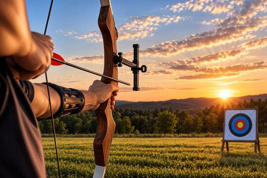 Archer aiming a bow and arrow at an archery target during sunset