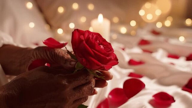 Hands offer a red rose above a bed scattered with petals, creating a romantic scene of love, intimacy, and anniversary surprise.