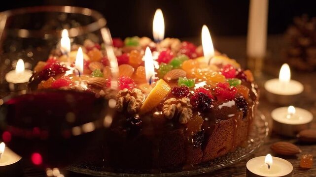 Festive fruitcake topped with dried fruit and nuts beside candles. Traditional holiday dessert centerpiece for Christmas celebration.