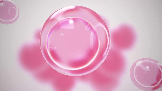 Pink serum bubbles floating on white background for skincare