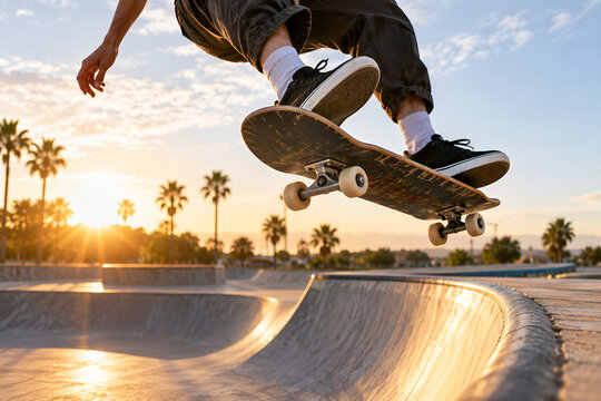 Skateboarder performing an aerial trick over a skatepark bowl at sunset