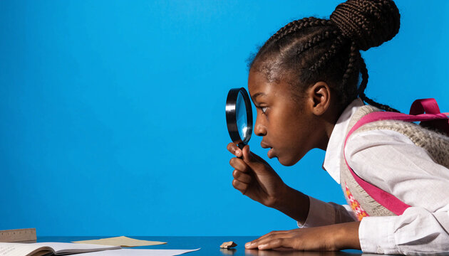 Young girl magnifying glass investigation curiosity school desk braided hair backpack blue background education focus learning childhood