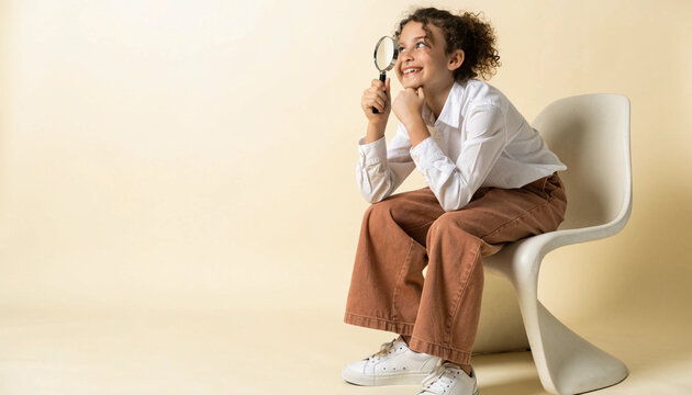 Happy young girl holding magnifying glass sitting on modern chair smiling curly hair casual outfit beige background curiosity childhood exploration joyful mood