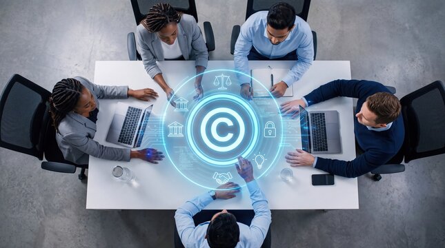 Professional team discussing copyright and digital rights management in modern office meeting