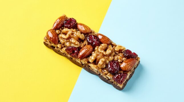 Nut and dried fruit granola bar with chocolate base on a split yellow and light blue background