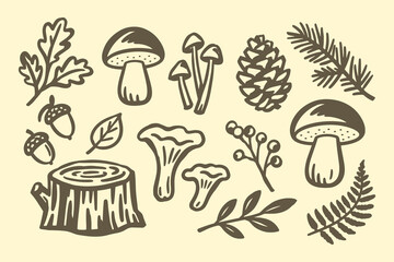 Obraz premium Forest Mushrooms and Woodland Plants Hand Drawn Doodle Set