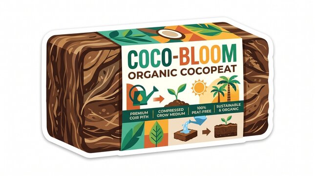 Organic cocopeat compressed block vector illustration, coconut coir pith growing medium sticker, gardening product packaging design, isolated on white background