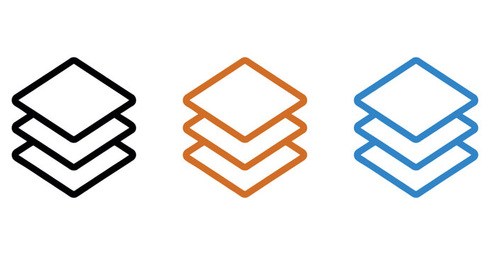 Layer stack icons in three color variations for user interface design and software applications.