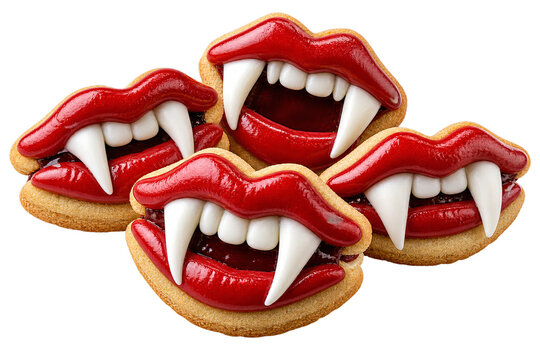 Vampire fang Halloween cookies with red lips and white teeth