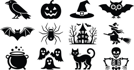 Fototapeta premium Collection of halloween themed black silhouettes featuring a crow, pumpkin, witch hat, owl, bat, spider, haunted house, witch on broom, cauldron, ghosts, cat and skeleton