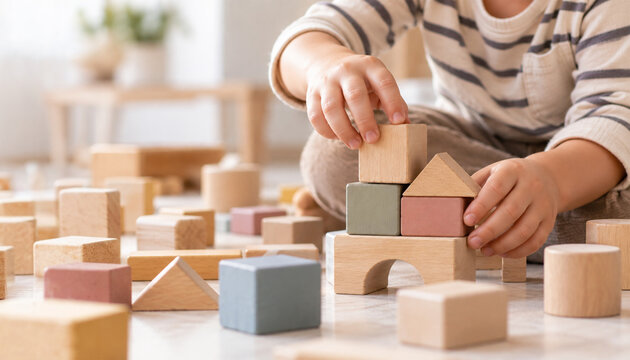 Young child playing with colorful wooden building blocks at home, developing creativity, imagination and fine motor skills through educational play