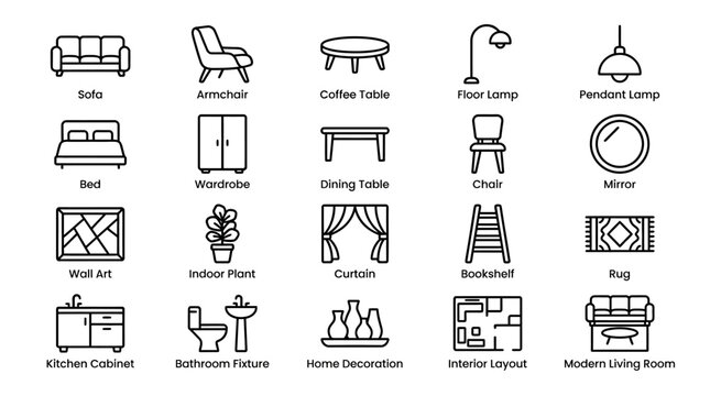 Residential interior layout and home furniture outline icons.