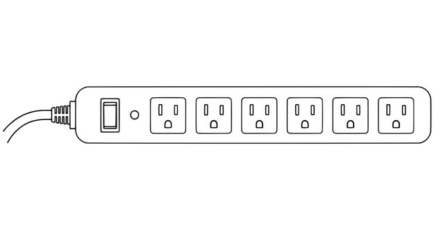 Medium line art illustration of a six-outlet power strip with rocker switch, indicator light and side power cord rendered in medium black outlines in horizontal composition for power distribution