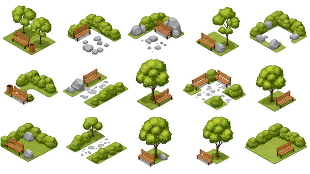 Isometric park elements with benches and trees for landscape design during daylight