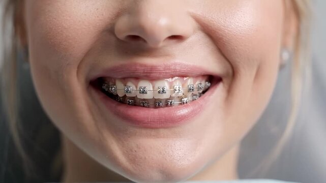 Woman smiling with dental braces during orthodontic treatment. Close-up of teeth straightening and oral health care.