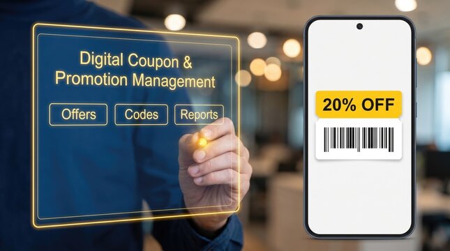 A business professional using a digital interface to manage promotional coupons and discounts on a smartphone screen