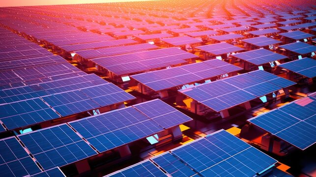 Vast Solar Panel Farm Under a Warm Sunset Sky.
