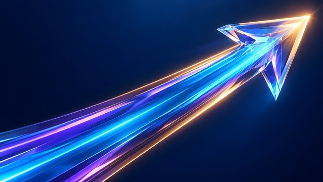 Faceted blue and purple crystal arrow with golden light trails shooting upward on a dark background representing skyrocketing growth and market speed