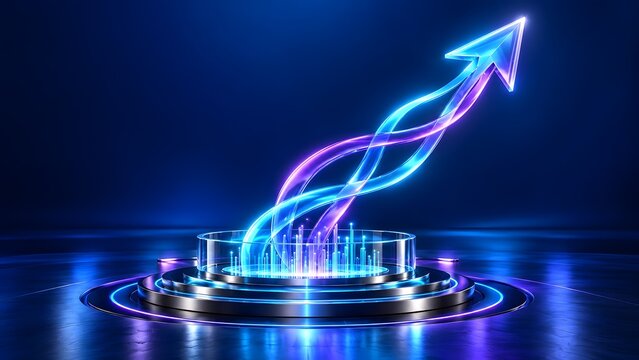 Intertwined cyan and purple glowing arrow ascending from an illuminated glass data platform representing financial technology growth and market surge