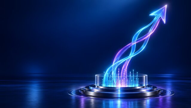 Swirling blue and purple neon arrow rising from a futuristic circular pedestal with glowing data bars symbolizing analytics driven growth and innovation