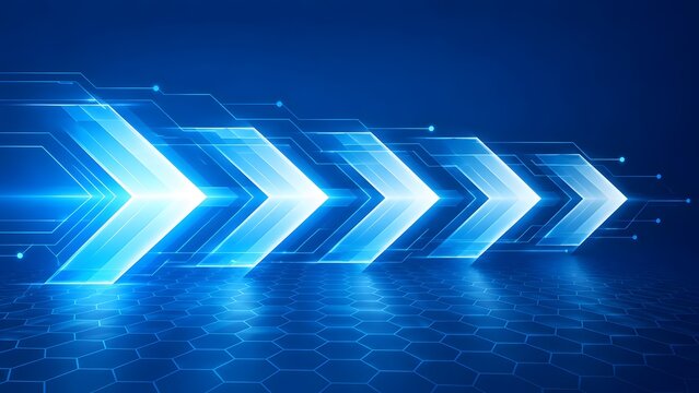 Glowing blue holographic chevron arrows with circuit lines over a hexagonal grid floor symbolizing high speed data transfer and digital transformation