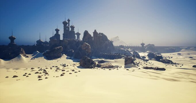 Voxel stronghold rising from sand plain, blocky towers and stepped terraces suggesting game map or stylized architectural relics in harsh light
