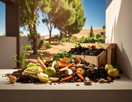 Organic compost heap with food scraps and garden waste outdoors