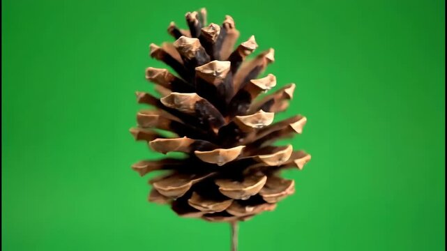 Close up pinecone rotating against green background with video pinecone slowly turning stand solid green backdrop illumination backgrounds stationary botanical textured with lighting