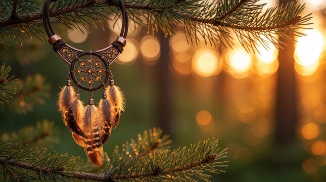 Handmade dreamcatcher necklace hangs on pine tree branch. Leather, copper jewelry with brown feathers glows in golden sunset light. Ethnic boho accessory with native style centerpiece sits in forest