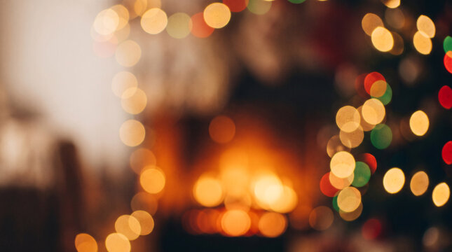 Festive Christmas background with warm glowing bokeh lights and a cozy fireplace