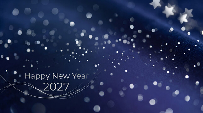 Happy New Year 2027 text on a dark blue background with sparkling silver bokeh dots