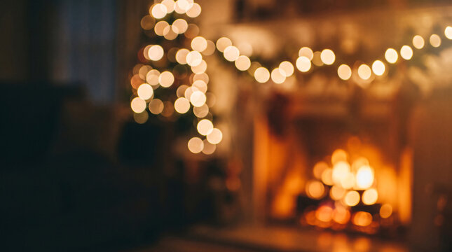Cozy winter evening with a warm fireplace and blurred Christmas lights and tree background