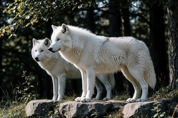 Obraz premium Two white wolves stand on rocks in forest. Arctic canis lupus predators watch surroundings in wild nature. Large mammals with thick fur look alert among trees in Hudson Bay wilderness. Majestic