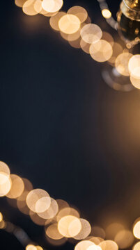 Vertical dark background with warm golden bokeh lights and a champagne glass