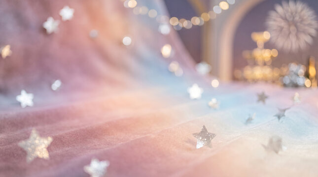 Soft pastel background with silver glittering stars and festive New Year decorations
