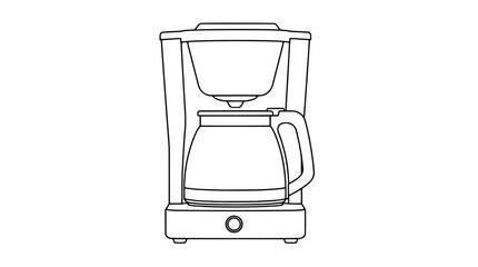 Fototapeta premium Black outline vector icon of a drip coffee maker with top filter basket, glass carafe, side handle and front power button drawn with medium lines in upright centered composition evoking brewing