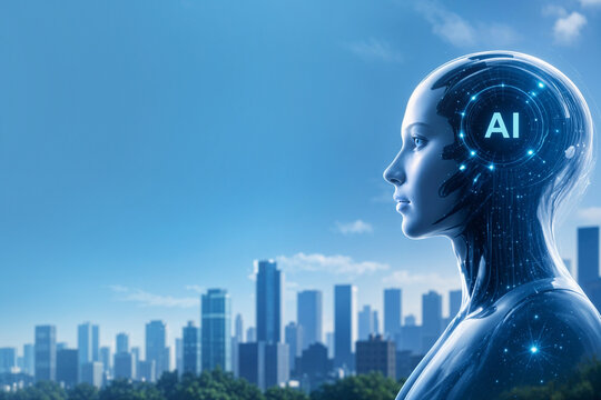 Artificial intelligence humanoid overlooking a futuristic city skyline