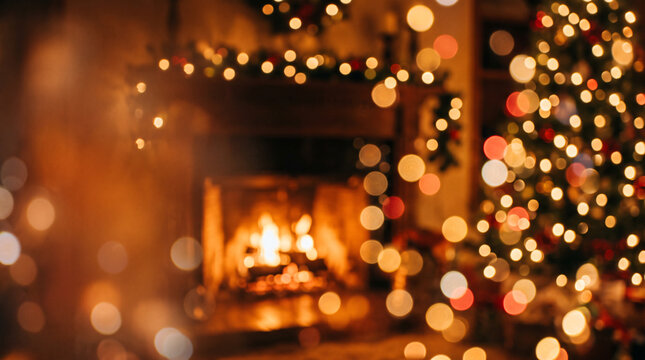 Blurred abstract bokeh lights from a Christmas tree and a warm fireplace in a cozy living room