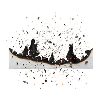 Burnt paper edge with fire flames and flying black ash particles