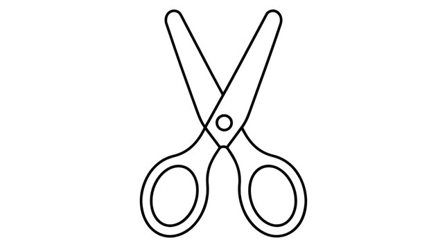 Black outline vector icon of blunt tip crafting shears with crossed blades and symmetric oval handles joined by pivot circle drawn with bold lines in open diagonal arrangement for paper cutting