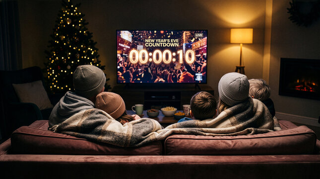Family watching New Year countdown on television while sitting on a couch