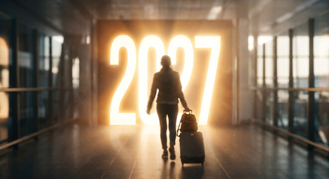 Traveler with luggage walking towards a bright glowing 2027 doorway in an airport