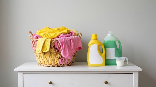 Laundry basket with colorful clothes, detergent bottles, and a measuring cup on a white dresser against a neutral wall