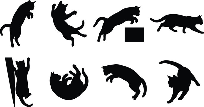 Set of black cat silhouettes in dynamic action poses featuring jumping, running, scratching, and playing