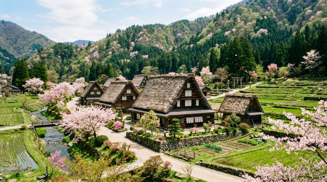 日本の茅葺屋根のある風景